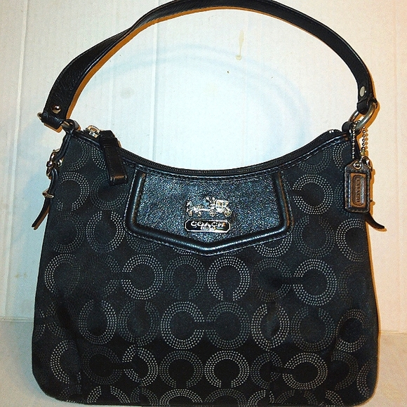 L@@K☆Rare COACH Madison Dotted OP Art Black Top Handle Baguette/Satchel - Picture 2 of 16
